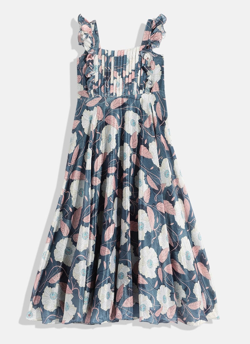 Kids Girls Teal Blue Digital Print Chinon Gown  Festive Wear