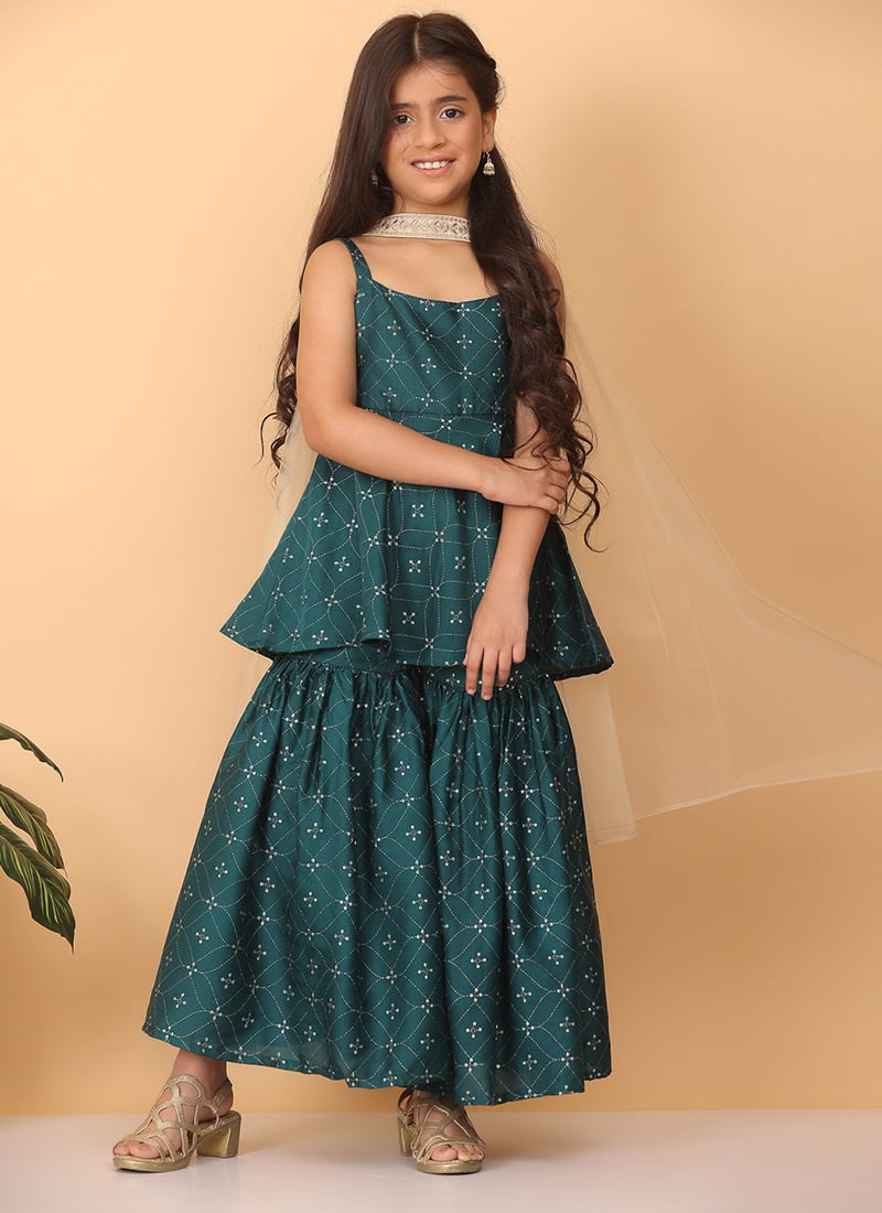 Kids Girls Teal Green Art Silk Foil Print Gharara Set Wedding Wear