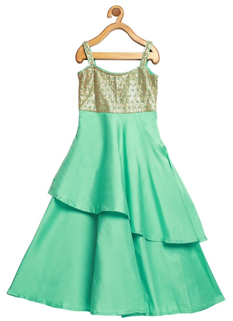 Kids Girls Turquoise  Sequin Layered Gown
