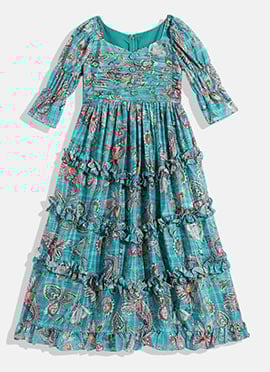 Kids Girls Turquoise Chinon Ruching Style Gown
