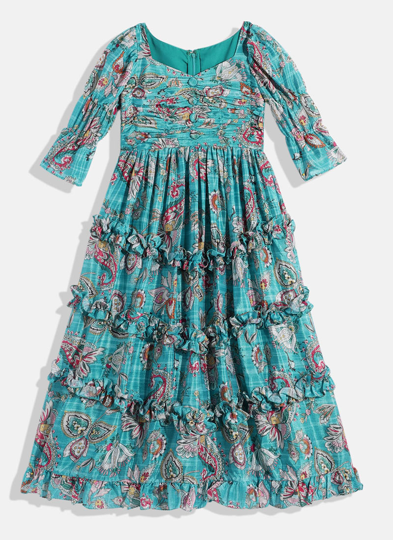 Kids Girls Turquoise Chinon Ruching Style Gown Festive Wear