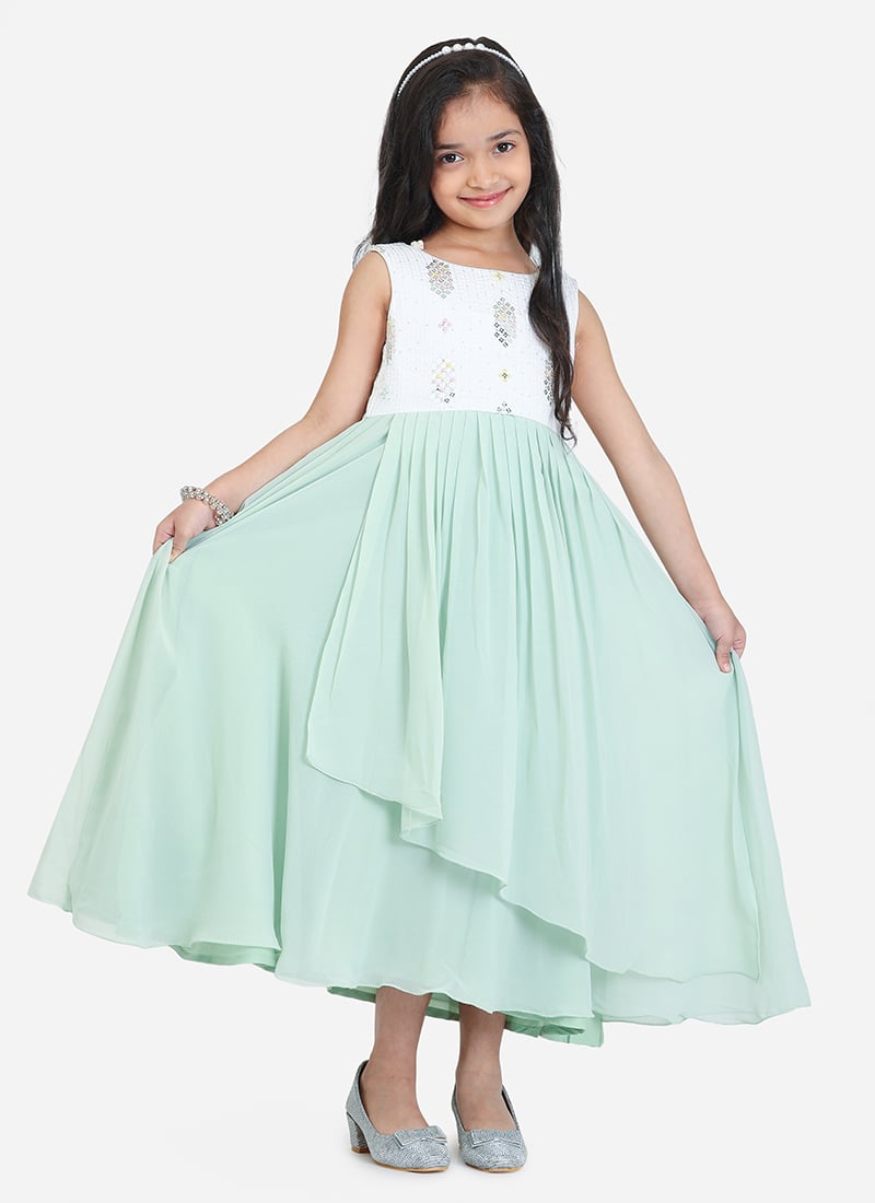 Kids Girls White Chinon Embroidered N Green Gown Festive Wear