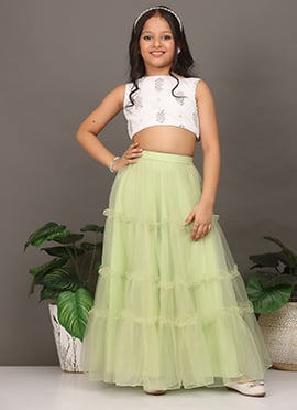 Kids Girls White Chinon Embroidered N Green Tiered Lehenga