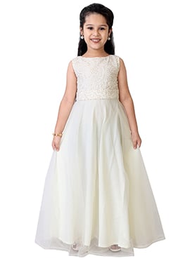 Kids Girls White Embroidered  Full Circular Gown