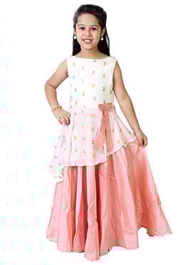 Kids Girls White Embroidered Chinon Layered Gown