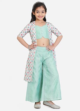 Kids Girls White Jacket N Pista Green Embroidered Palazzo Set