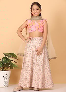 Kids Girls White N Multicolored Ruffled Arm Lehenga Set