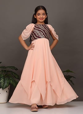 Kids Girls Wine Chinon Embroidered N Peach Georgette Gown