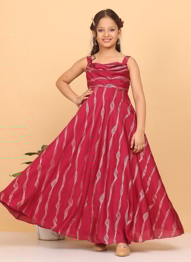 Kids Girls Wine Chinon Foil Printed Dress Festive Wear
