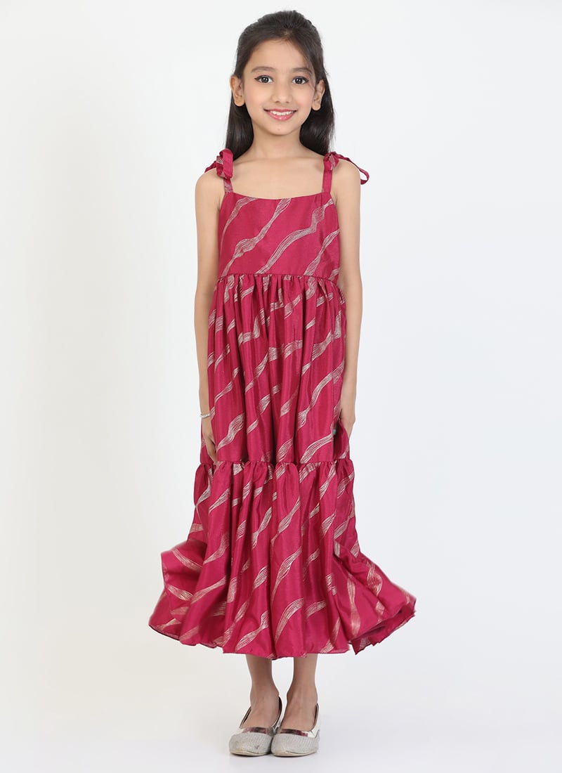 Kids Girls Wine Chinon Foil Printed Maxi Dress  Festive Wear