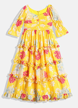 Kids Girls Yellow Chinon Ruching Style Gown