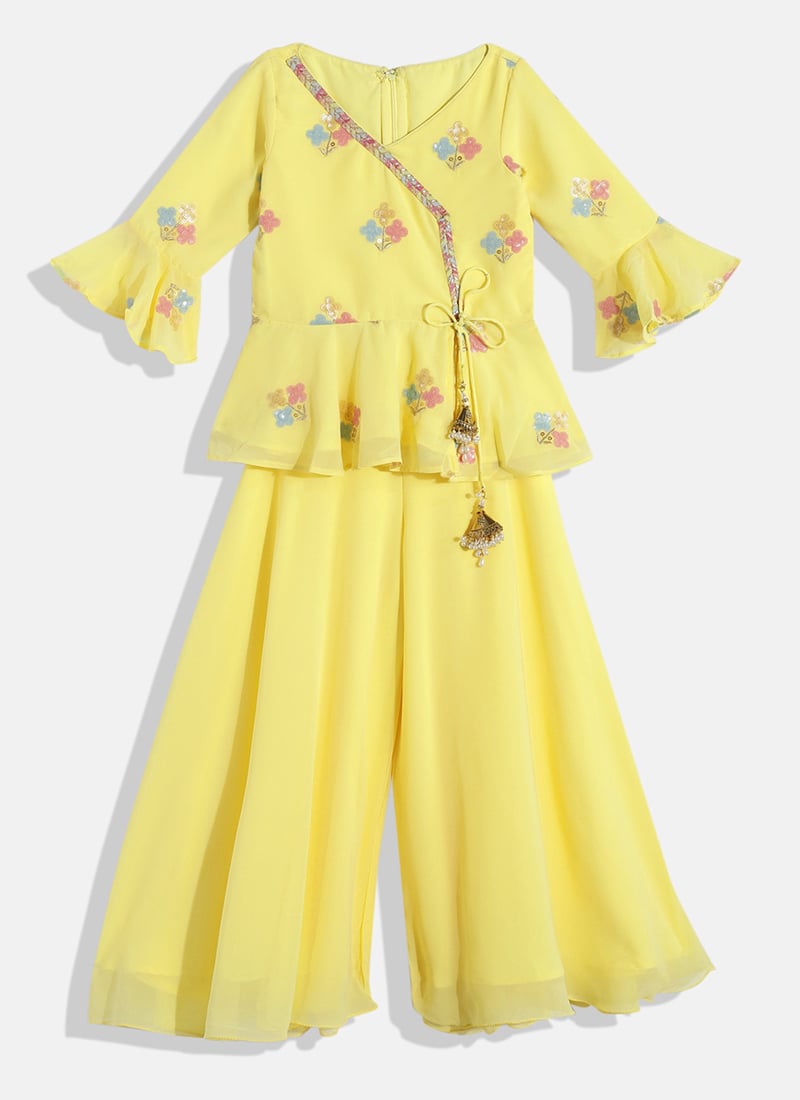 Kids Girls Yellow Embroidered Angrakha Blouse N Palazzo Festive Wear