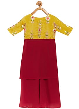 Kids Girls Yellow Embroidered Chinon N Maroon Kurta Set