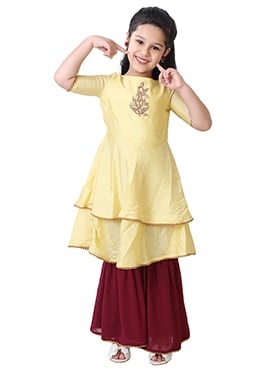 Kids Girls Yellow Embroidered Sharara Set