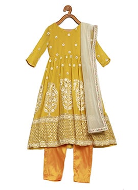 Kids Girls Yellow Embroidered V Neck Anarkali suit 
