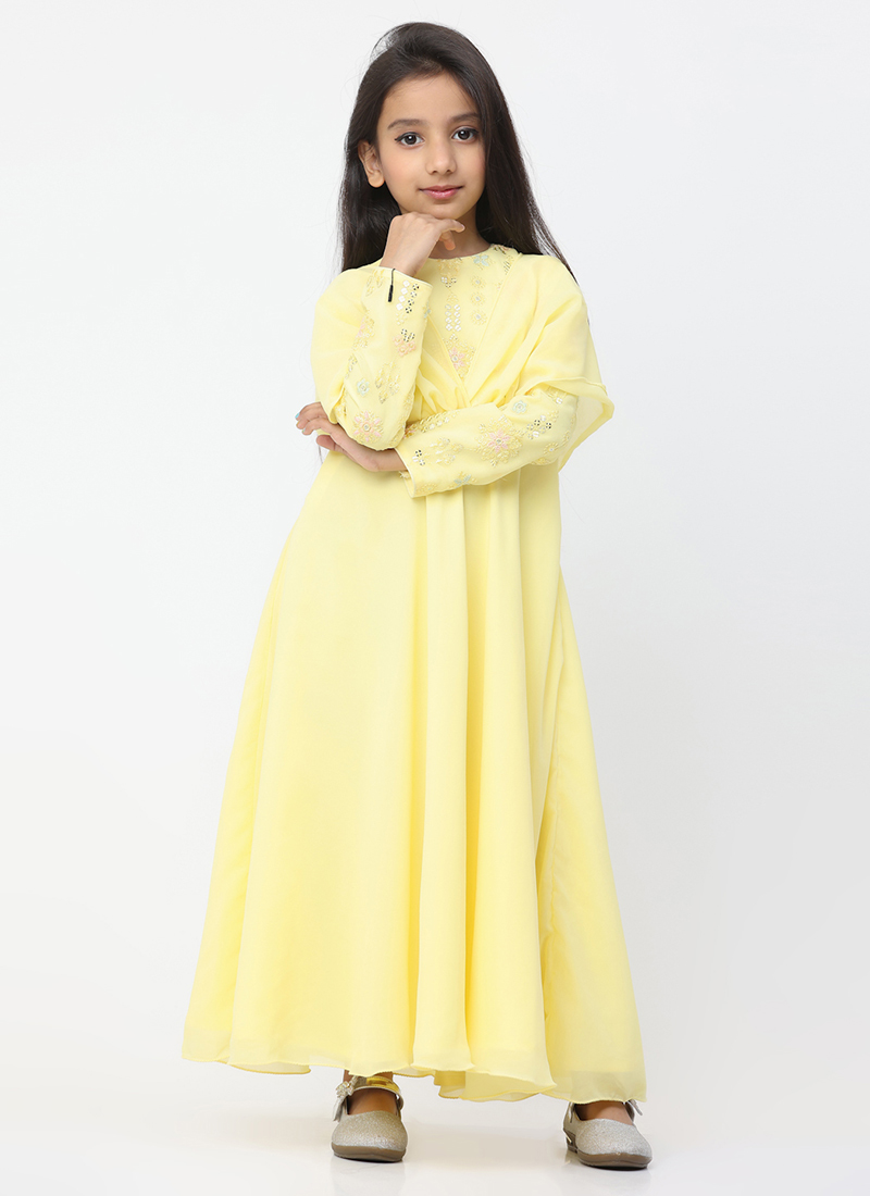 Kids Girls Yellow Georgette Embroidered Gown Festive Wear