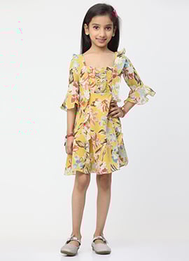 Kids Girls Yellow Georgette Printed Dress
