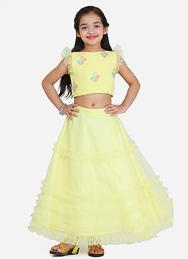 Kids Girls Yellow Georgette Sequins Embroidered Skirt Set