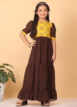 Kids Girls Yellow Rayon N Brown Georgette Gathers Dress