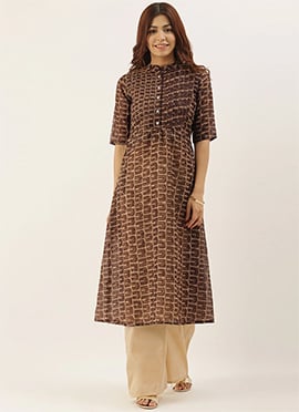 Knife Pleated Brown Printed Kurti