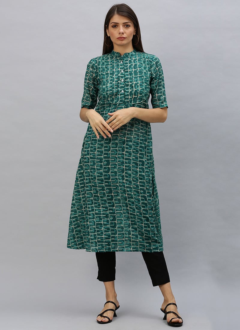 Knife Pleated Green Printed Kurti