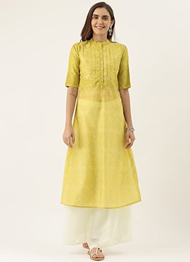 Teen Girls Knife Pleated Green Printed Kurti