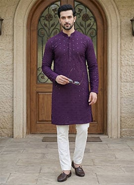 Kurta Pyjama for Men Purple Cotton With Embroidered Sequins