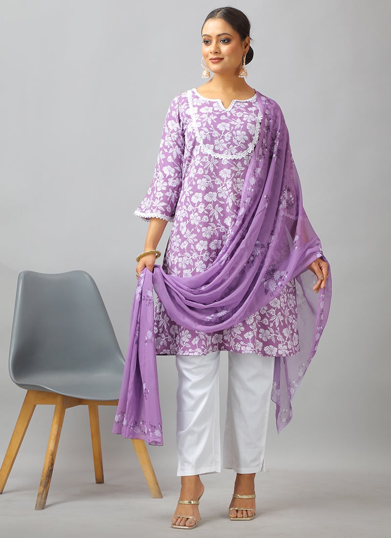 Teen Girls Lavender Art Silk Cotton Kurta Straight Pant Suit Festive Wear