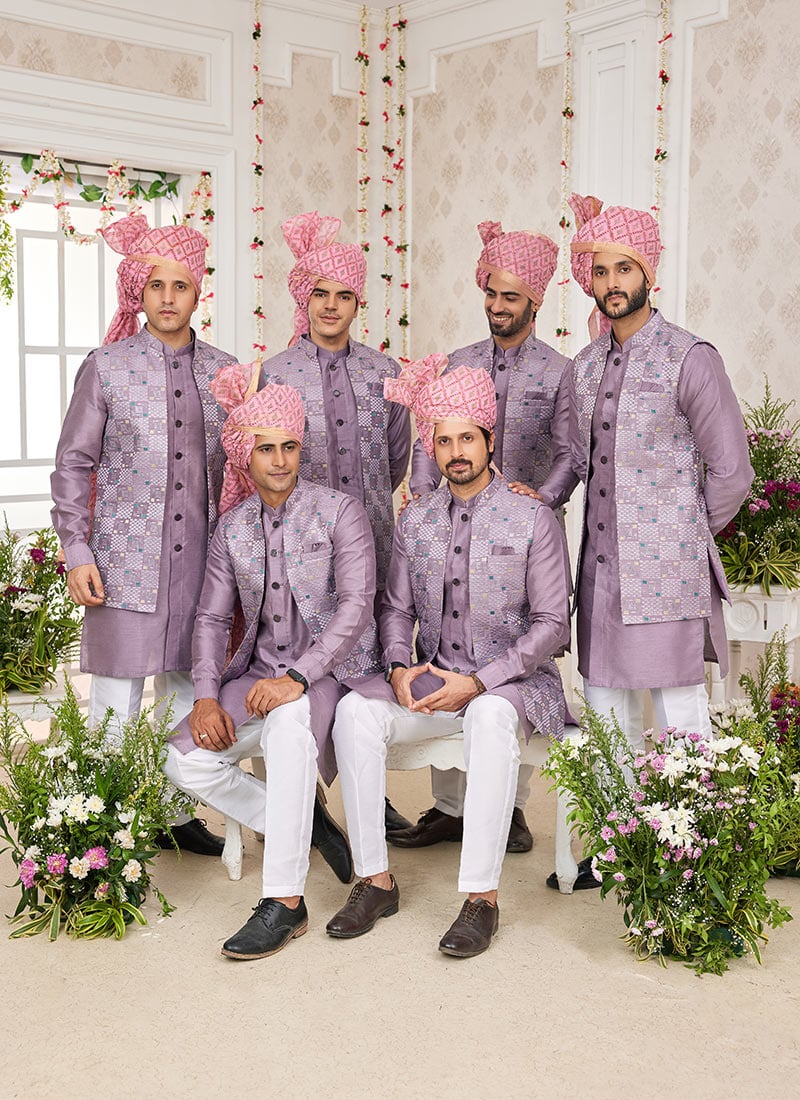 Lavender Banarasi Silk Embroidered Bandi Set Wedding Wear