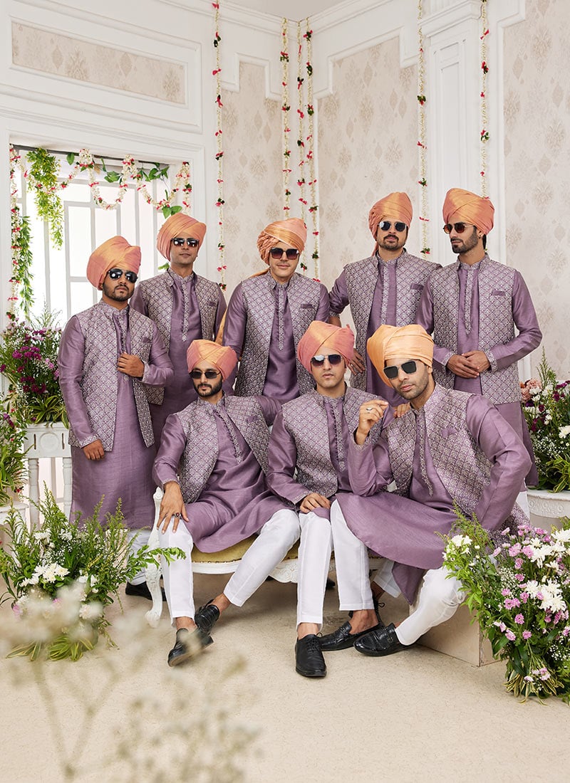 Lavender Banarasi Silk Embroidered Bandi Set Wedding Wear