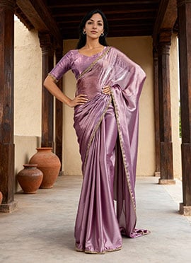 Lavender Burberry Chiffon Plain Saree With Beads Cutdana Applique Lace Work