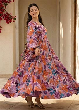 Lavender Chinon Digital Print Beautiful Anarkali Gown