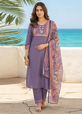 Lavender Chinon Printed Straight Pant Suit
