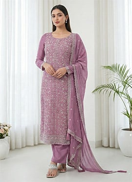 Lavender Chinon Silk Stone Embroidered Sequins Straight Pant Suit By Prachi Desai