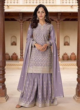 Lavender Chinon Silk Zari Embroidered Palazzo Suit