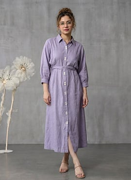 Lavender Cotton Shirt Collar Midi Dress