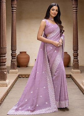 Lavender Crunchy Silk Thread Embroidered Sequins Saree