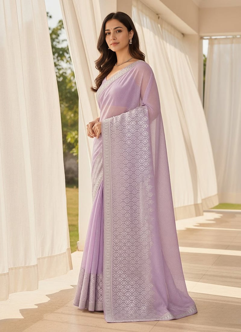 Lavender Crunchy Silk Zari Stone Work Saree