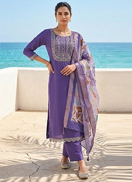 Lavender Embroidered Sequins Straight Pant Suit With Digital Print Dupatta