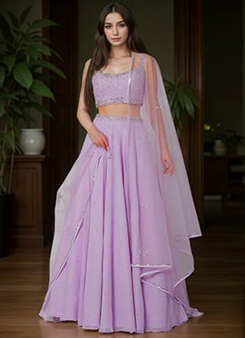 Lavender Faux Georgette Cut Dana With Stone Hand Embroidered Lehenga