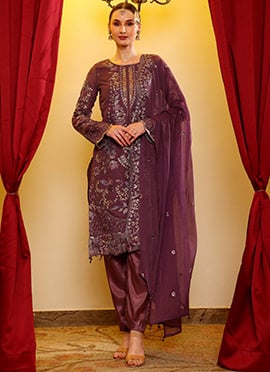 Lavender Georgette Stones Embroidered Pakistani Suit