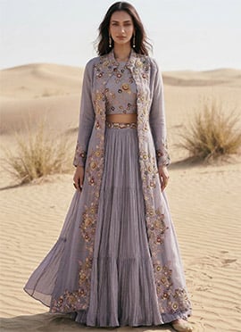 Lavender Georgette Embroidered Sequins With Beads Work Indowestern Jacket Lehenga Set