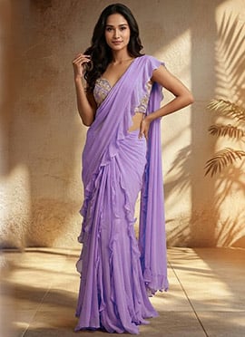 Lavender Georgette Hand Embroidered Sequins With Beads And Stone Work Pre Draped Saree