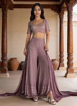 Lavender Georgette Zari Sequins Embroidered Indowestern Palazzo Set
