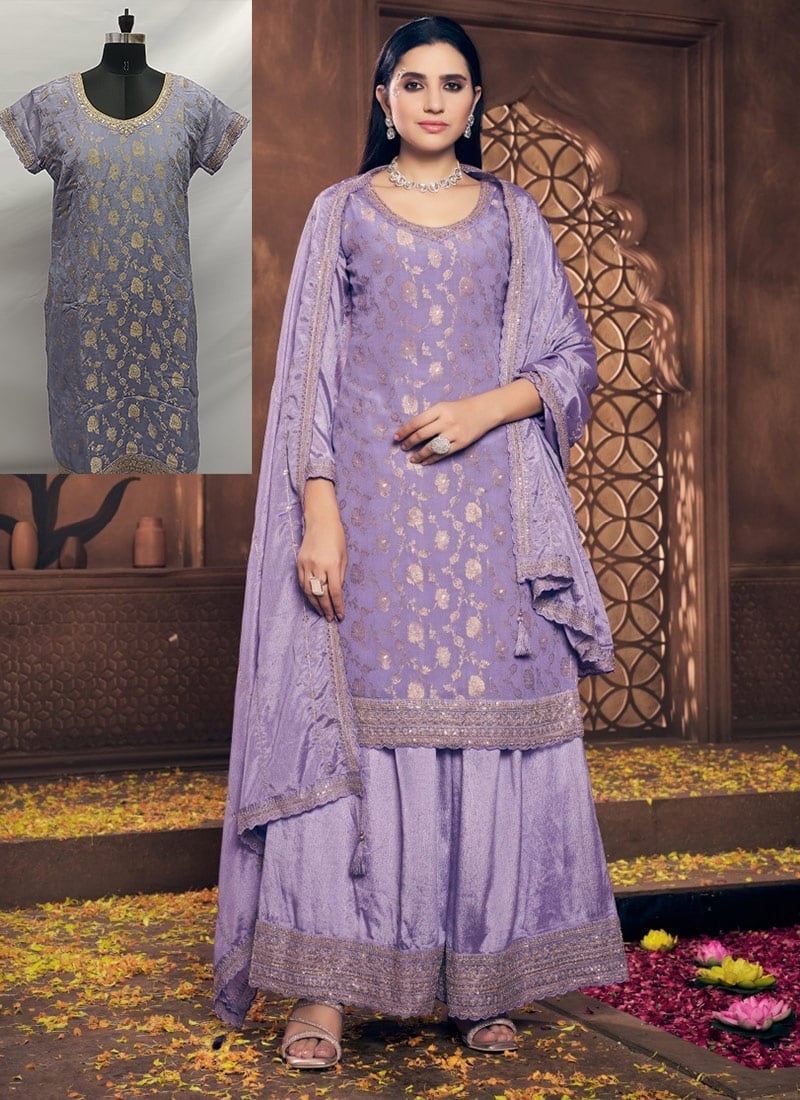 Lavender Jacquard Embroidered Sequins Stunning Palazzo Suit Festive Wear
