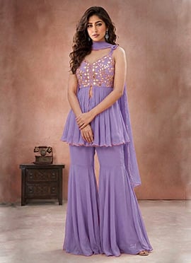 Lavender Mirror Work With Hand Embroidered Georgette Sharara Suit