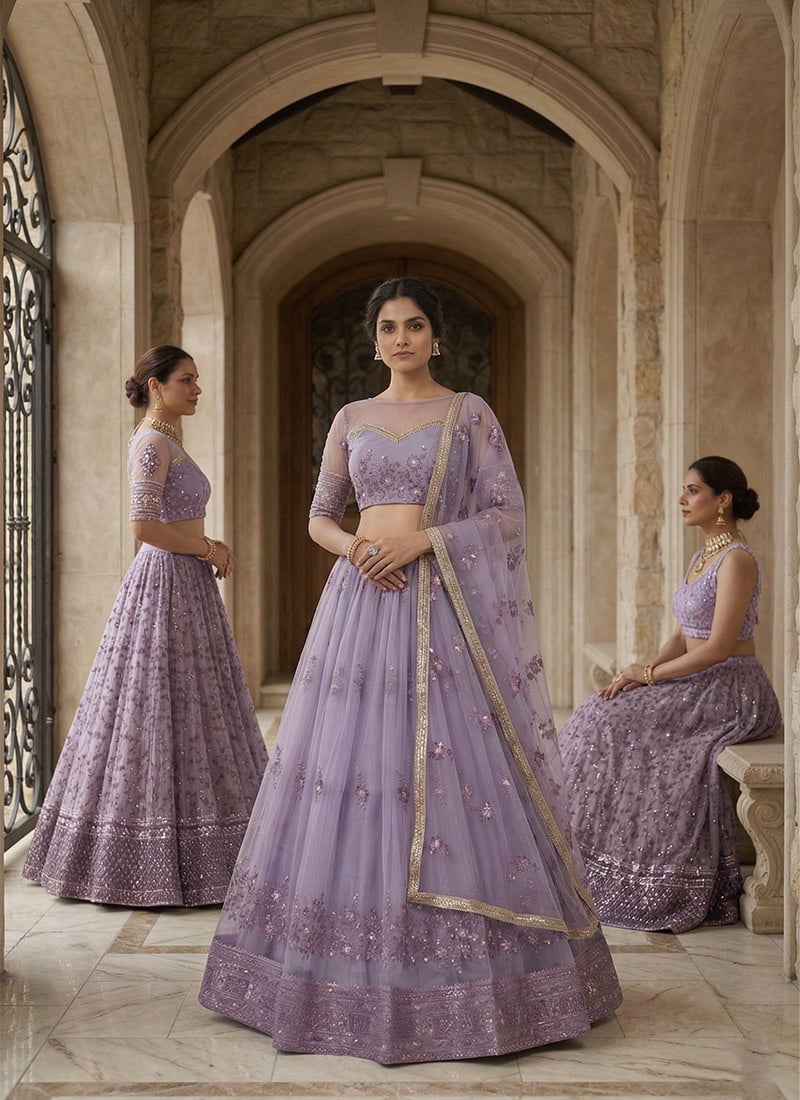 Lavender Net Embroidered Sequins Elegant Lehenga Wedding Wear