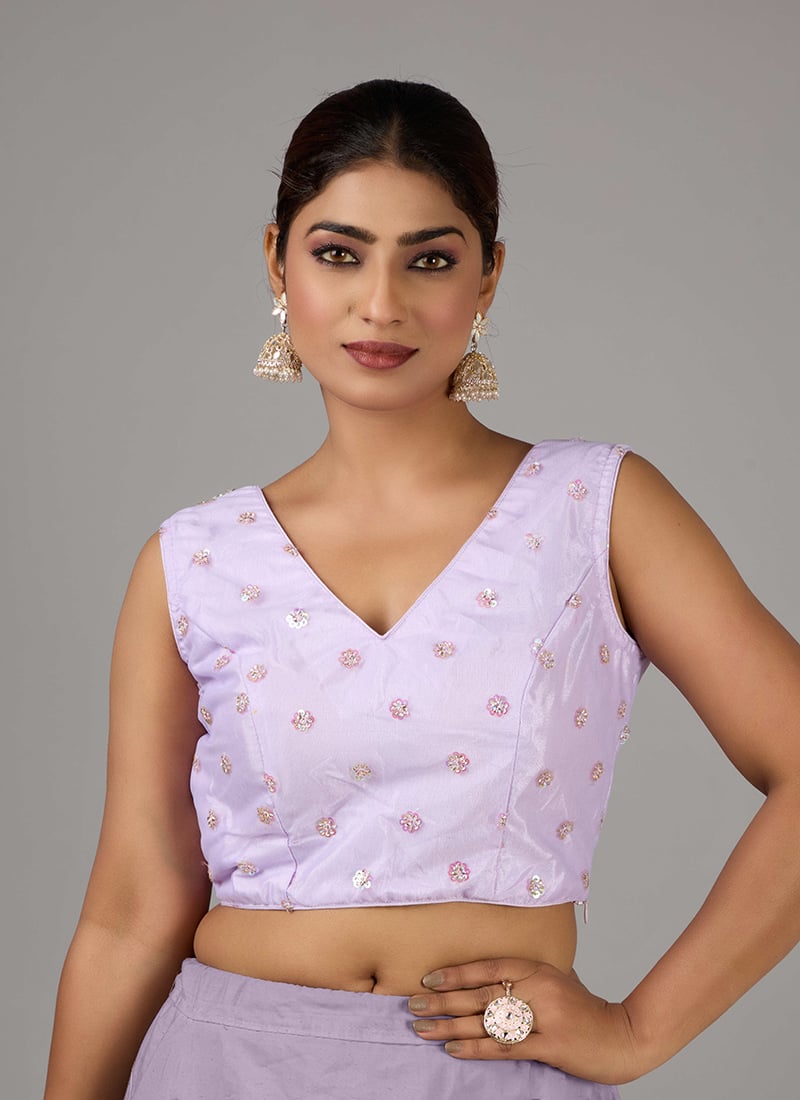 Lavender Net Embroidered V Neck Blouse
