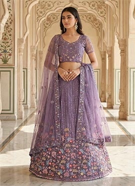 Lavender Net Sequins Embroidered A Line Lehenga