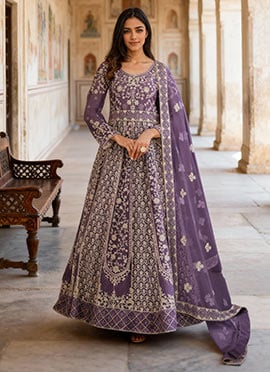 Lavender Net Zari Embroidered Sequins Stone And Mirror Work Anarkali Suit